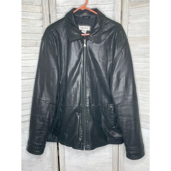 Vintage Calvin Klein Men's Leather Jacket Black Size XL - Picture 1 of 12